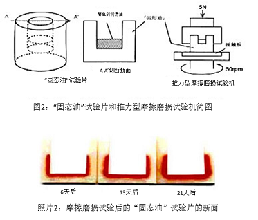 圖2:“固態(tài)油”試驗(yàn)片和推力型摩擦磨損試驗(yàn)機(jī)簡(jiǎn)圖&照片2:摩擦磨損試驗(yàn)后的“固態(tài)油”試驗(yàn)片的斷面